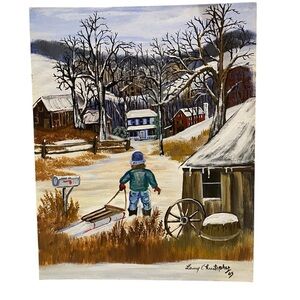 Vintage Original Painting Oil on Board Artist Signed Folk Art Farm Unframed